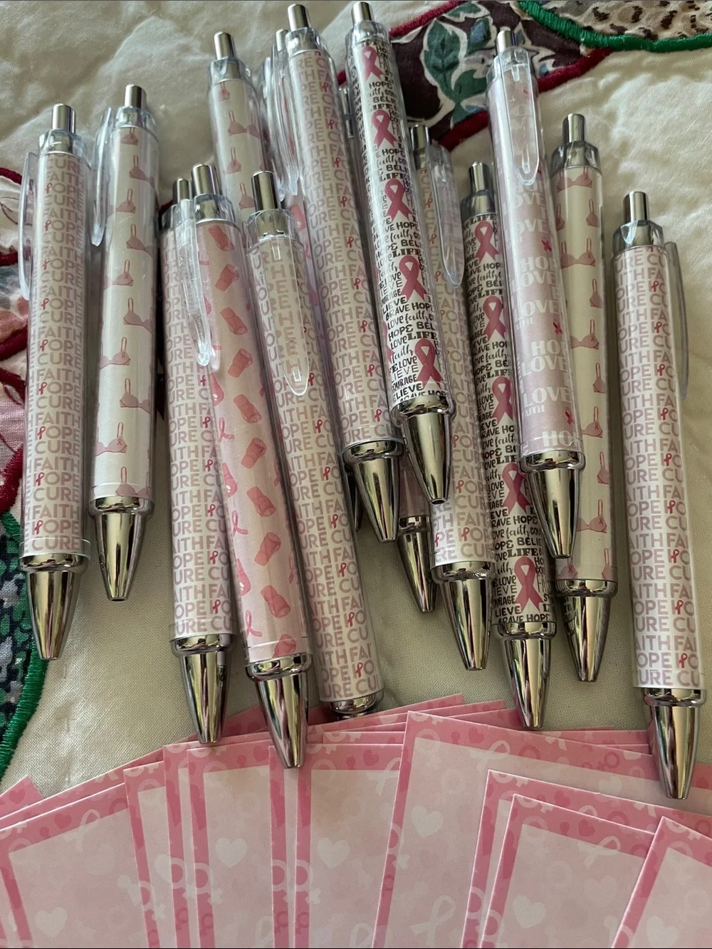 Fifteen Pink Breast Cancer Awareness Pens with Matching Reminder Cards -